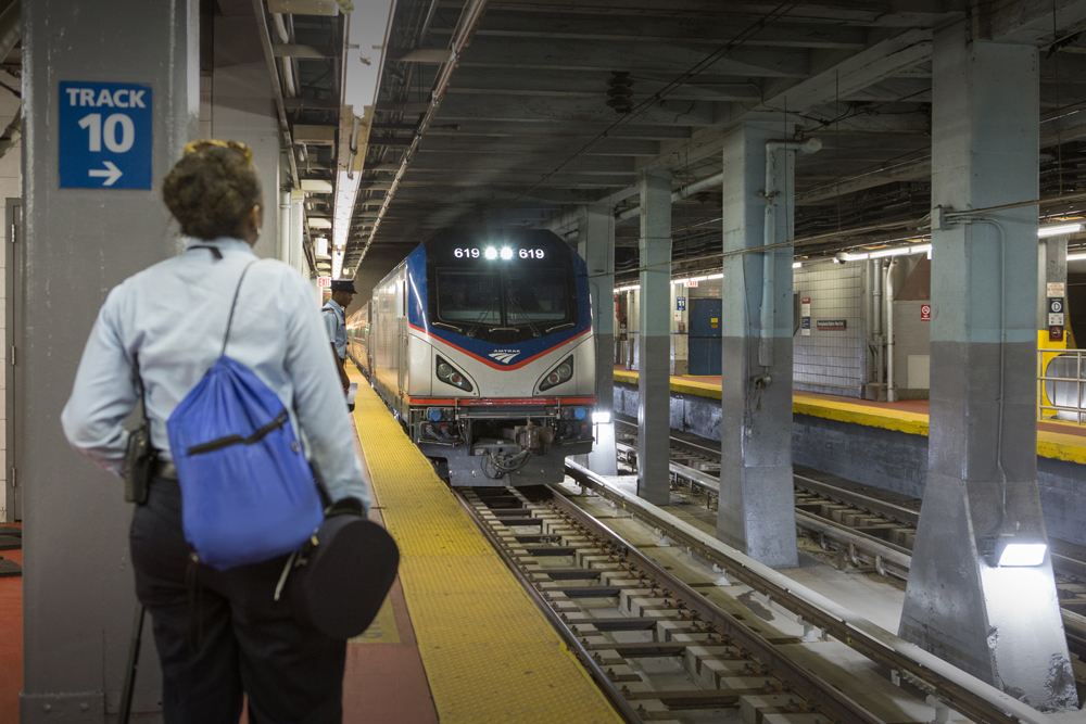 Train arrives in underground station as people stand on platform