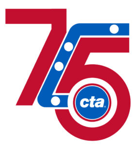 Red, white, and blue Chicago Transit Authority 75th anniversary logo