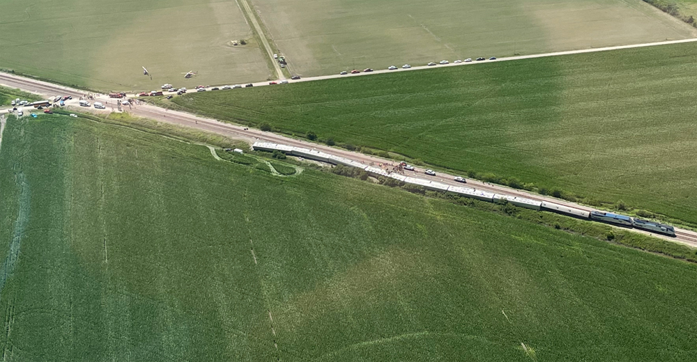 Aerial view of passenger train derailment