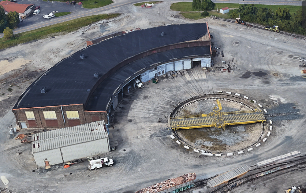 Aerial view of roundhouse with turntable