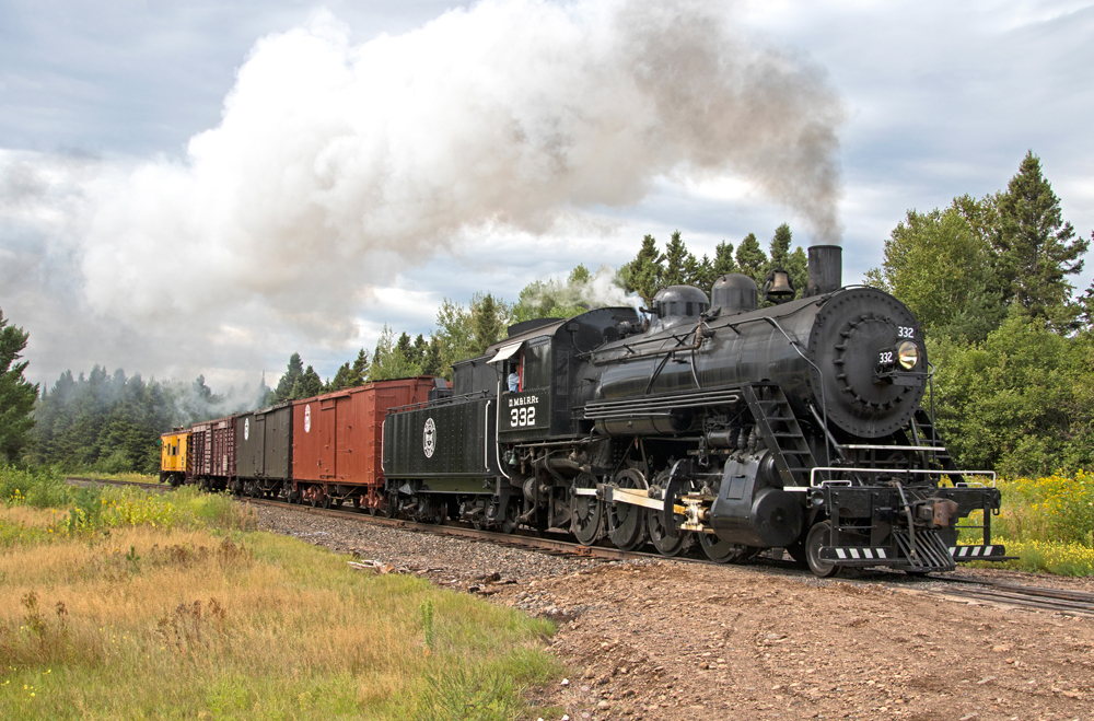 Steam locomotive and freight cars under large plume of smoke