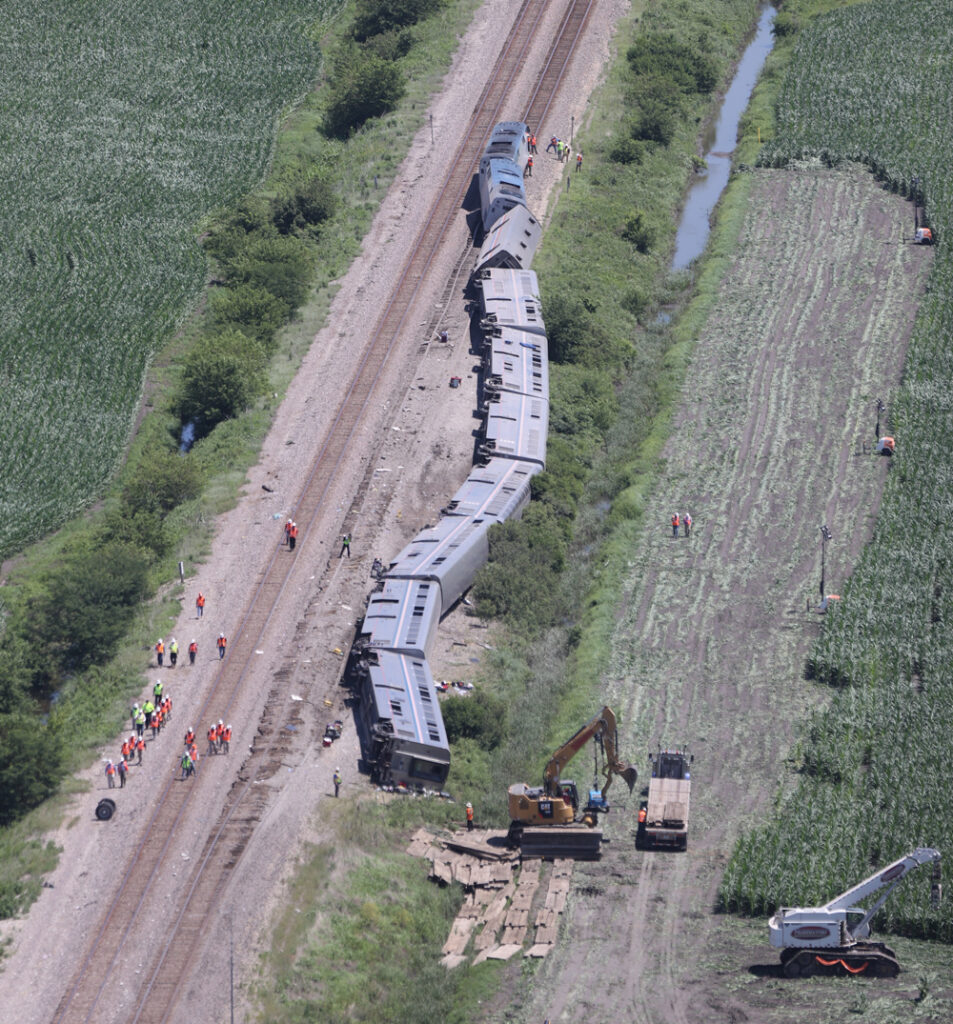 Aerial view of derailed train