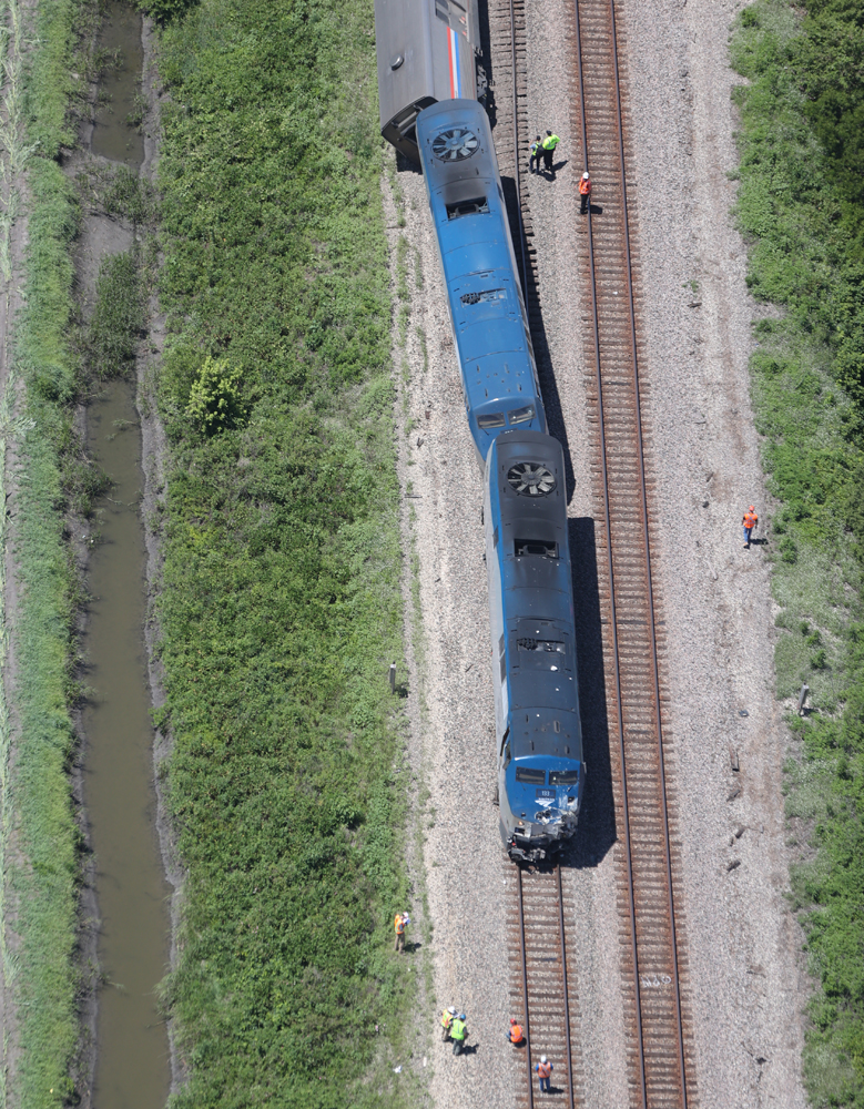 Aerial view of locomotives damaged in derailment