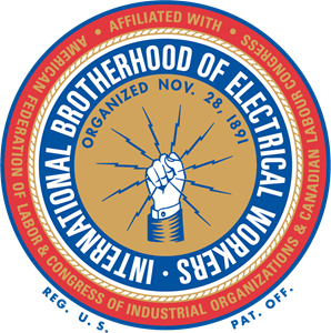 Logo of the International Brotherhood of Electrical Workers, which includes lighting bolts held by a fist