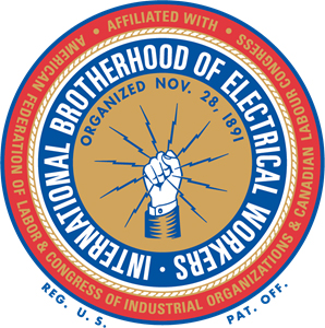 Logo of the International Brotherhood of Electrical Workers, which includes lighting bolts held by a fist