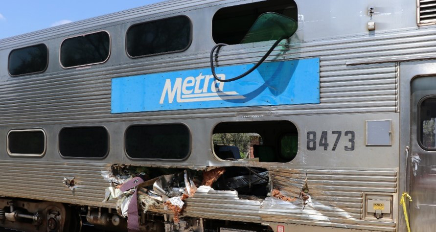 Stainless steel bilevel passenger car with part of side torn open