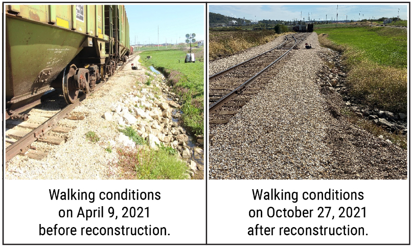 Photographs showing sloping area next to railroad track and wide gravel pathway next to same tracks