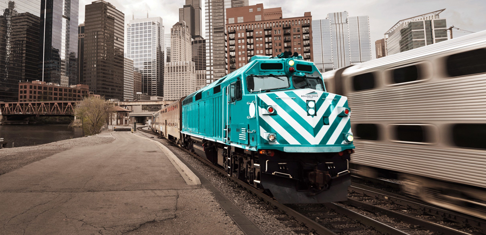 Photo illustration of green diesel locomotive of commuter train