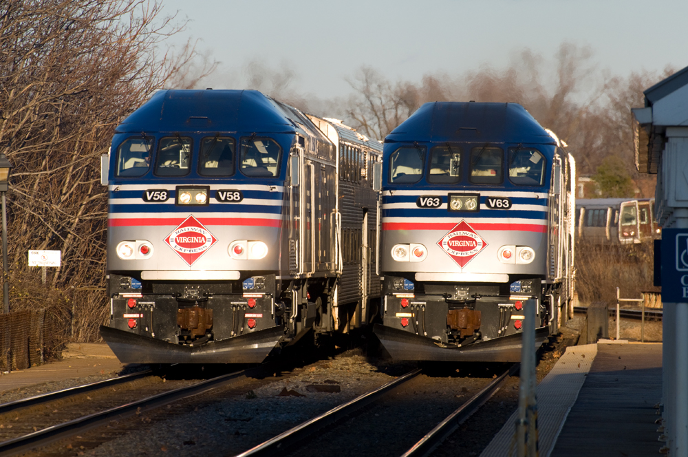 Two commuter trains side by side