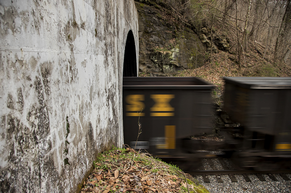 Coal hoppers enter tunnel