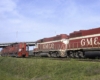 Red and white diesel locomotives meet all-red diesel locomotives under bridge