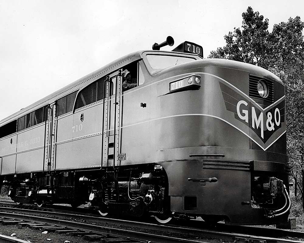 Streamlined diesel locomotive seen from low angle