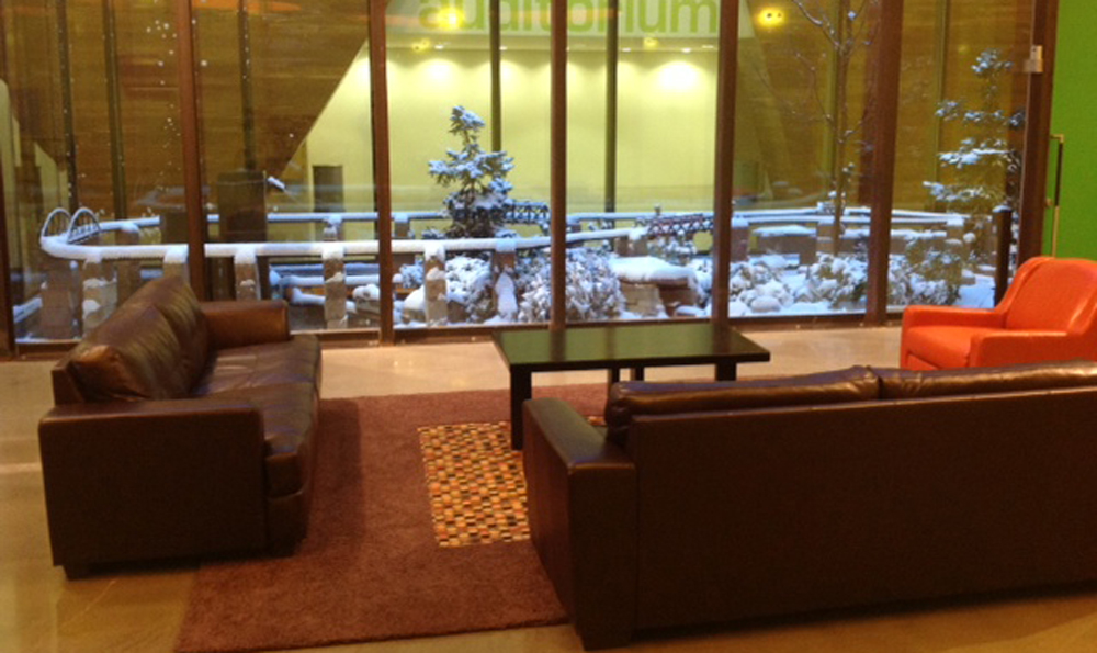 enclosed garden railway covered in snow
