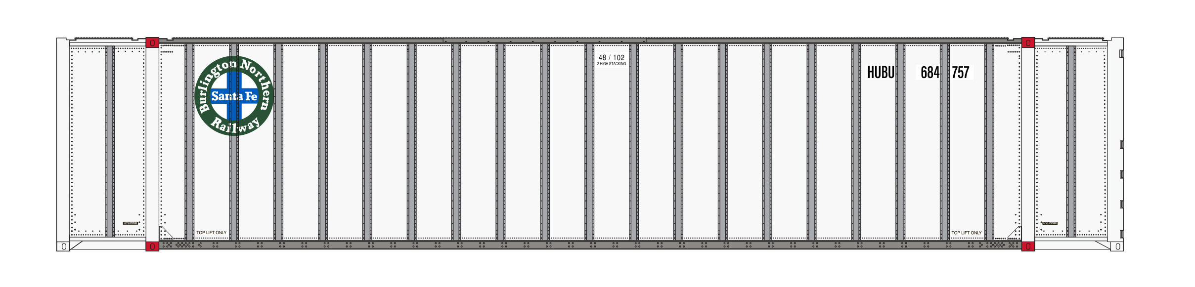 Illustration of HO scale intermodal container in white with blue, green, and black graphics.