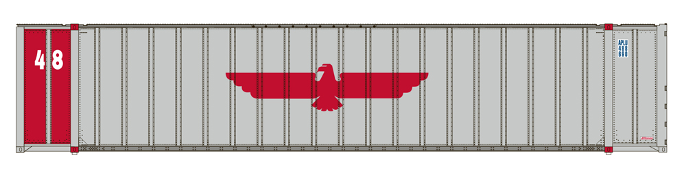 Illustration of HO intermodal container with gray and red graphics.