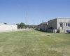 Buildings framing former railroad right-of-way