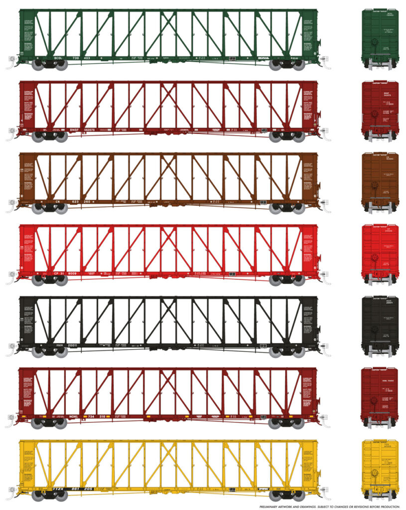 seven paint schemes for a flatcar