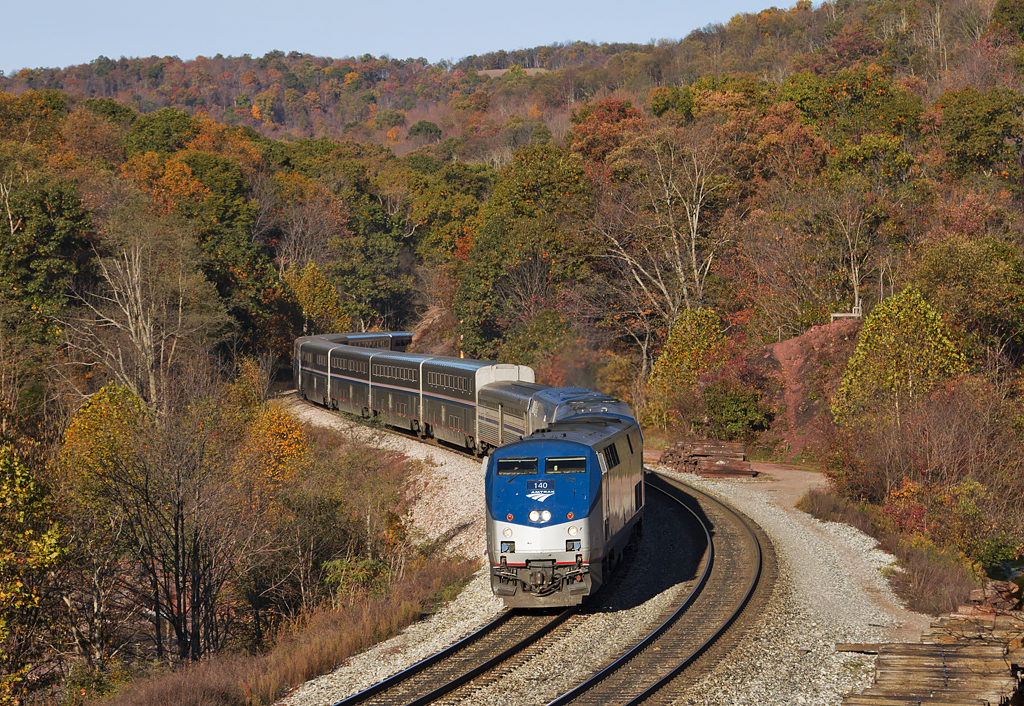 Passenger train moving through autumnal foliage.