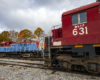 A red-white-and-blue locomotive in the background contrasts with a red-painted locomotive in the foreground.