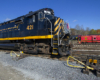 Close-up image of a black-and-yellow locomotive with a caboose in the background.