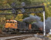 Two smoking locomotives lead a train underneath old color position signals.