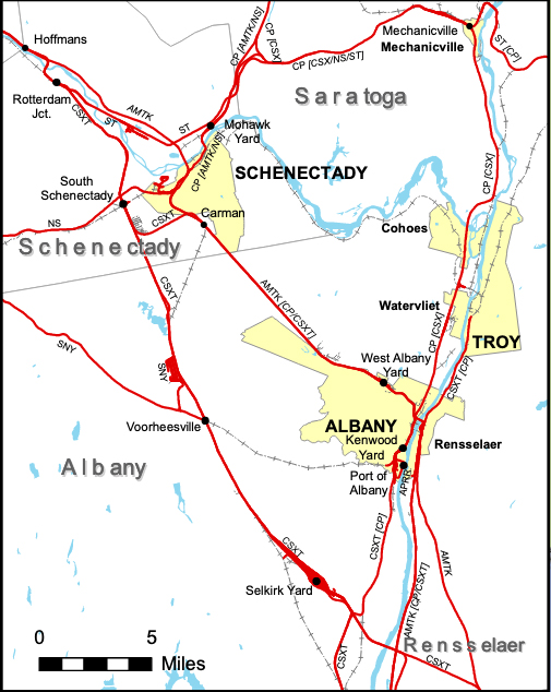 Map showing rail lines in the Albany-Schenectady area