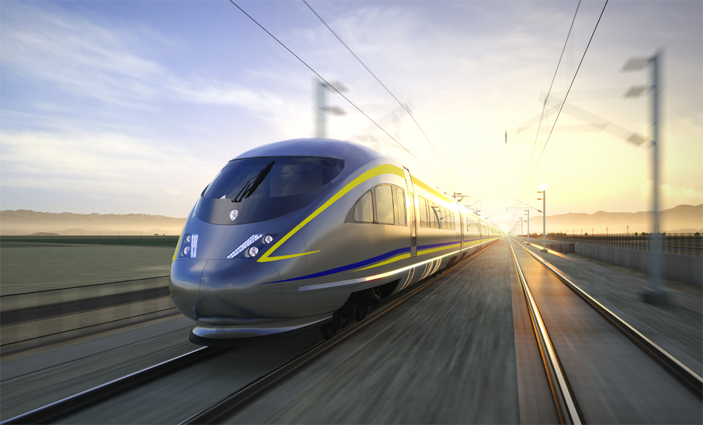 Computer rendering of California high speed rail train at dusk