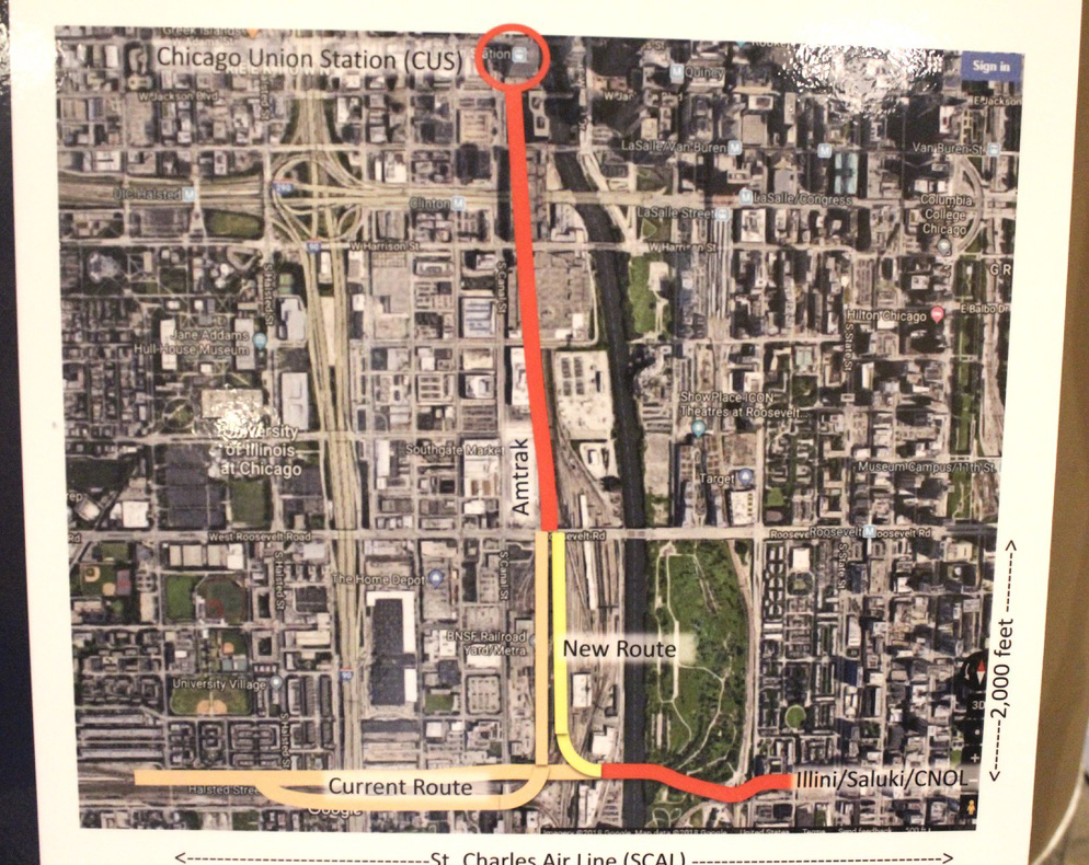 Aerial photo of downtown Chicago with rail lines marked