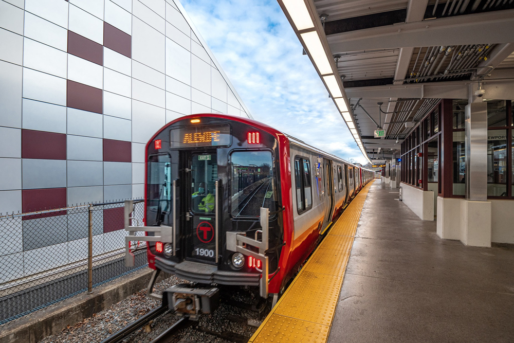 Rapid-transit train at station. Governor reacts following more close calls on MBTA.