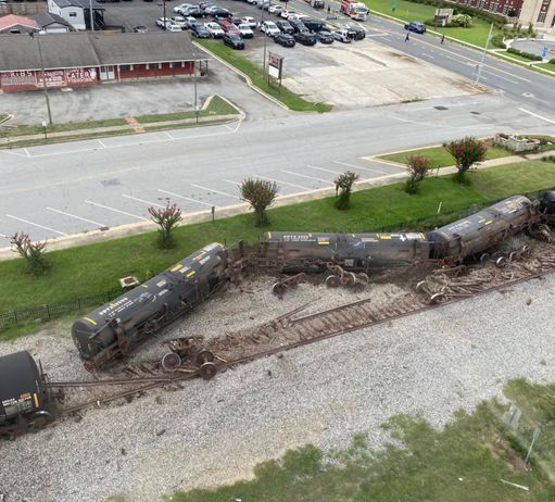 Aerial view of derailed tank cars