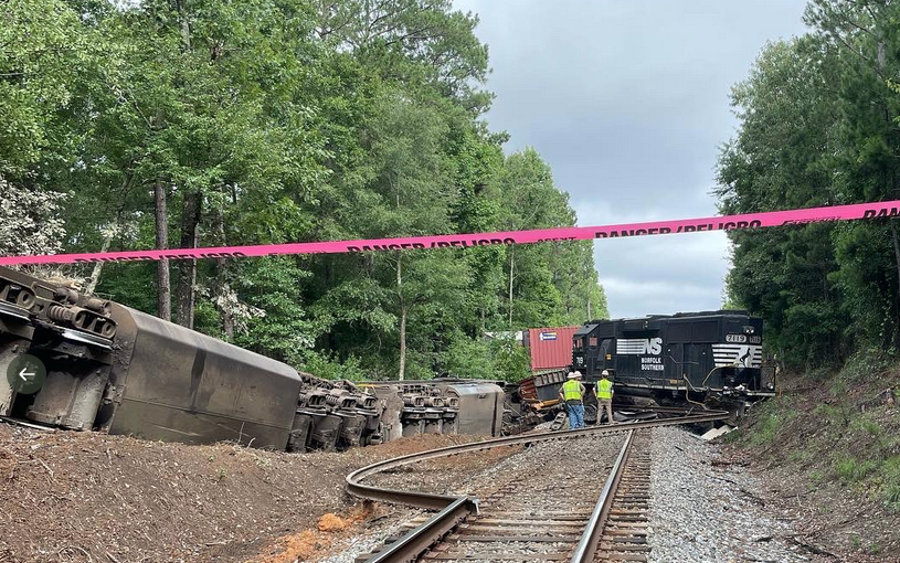 Locomotives on their sides at derailment