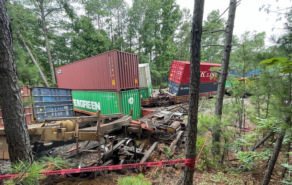 Container cars derailed in wooded area