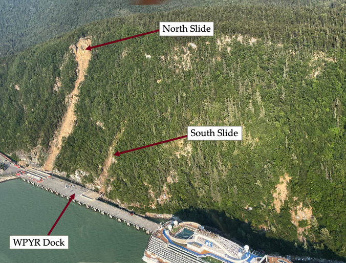 Aerial photo of dock and cruise ship next to cliff