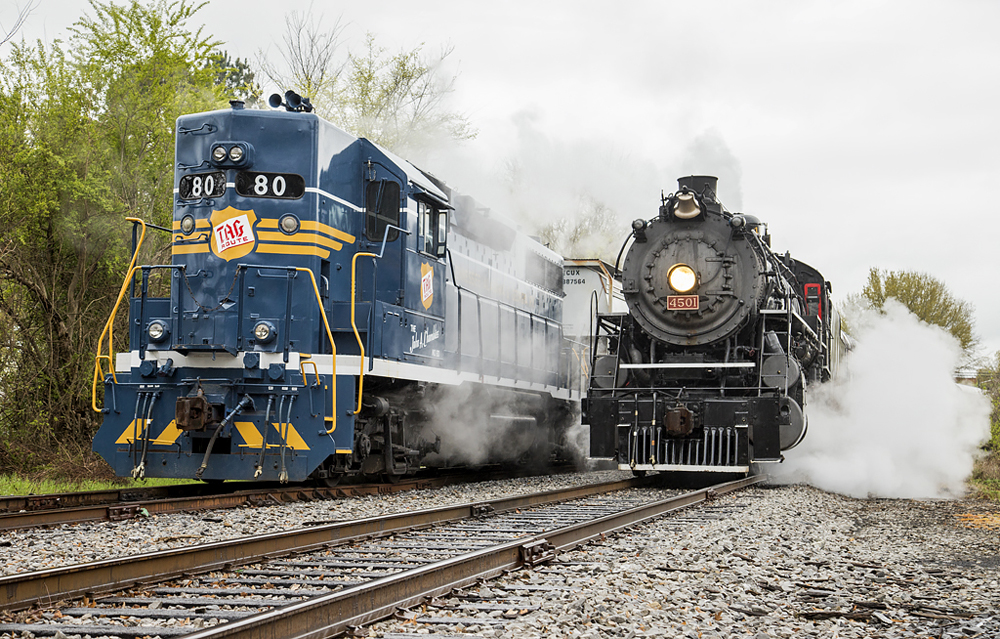 Steam locomotive next to blue high-nosed diesel