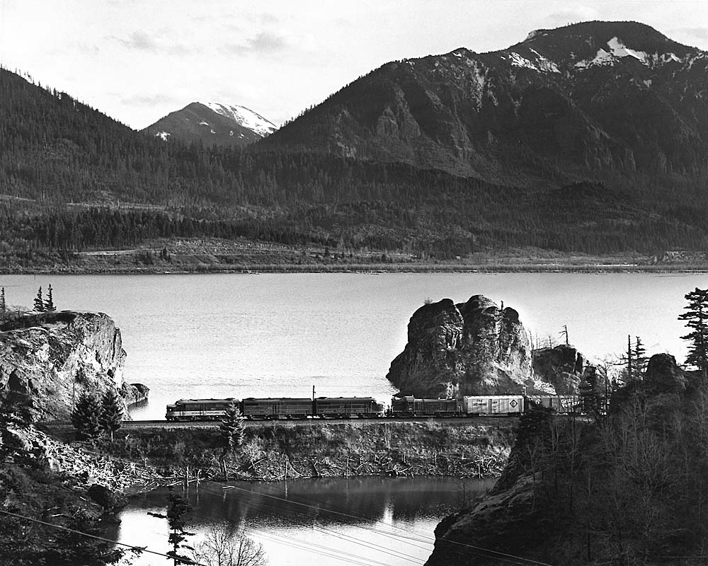 Diesel locomotives with freight train along river