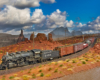 An Atchison, Topeka & Santa Fe 2-8-2 Mikado steam locomotive pulls a short freight through a Southwestern desert landscape