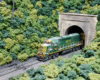 A green-and-yellow hood unit diesel emerges from a tunnel set in a wooded mountain