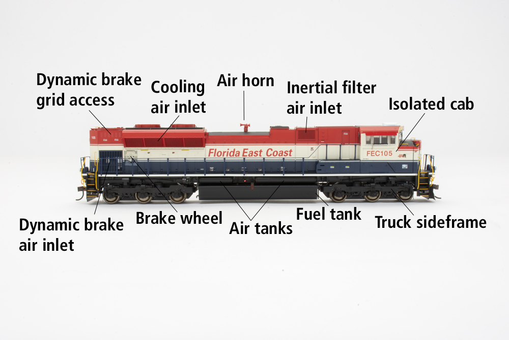 Photo of engineer’s side of HO scale diesel locomotive painted red, white, and blue