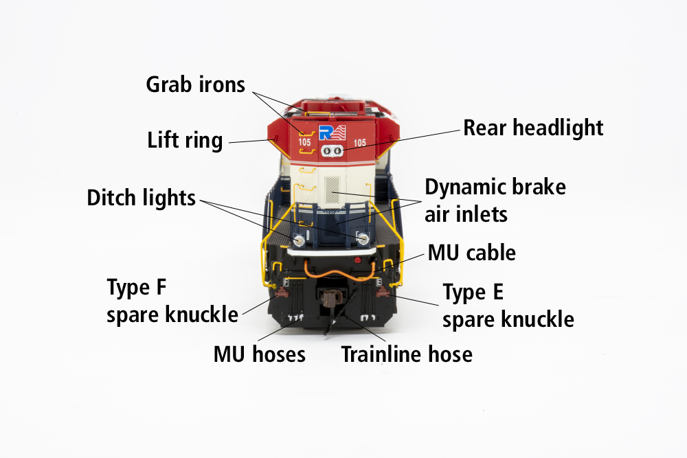 Photo of rear of HO scale diesel locomotive painted red, white, and blue