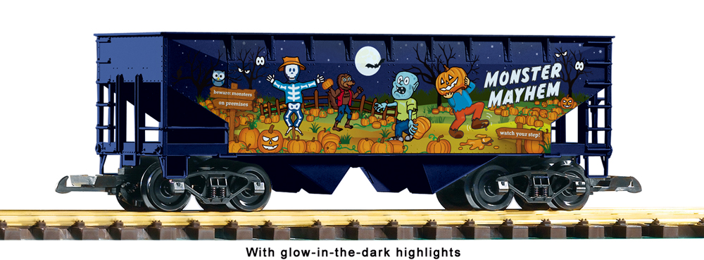 Model of two-bay hopper with halloween artwork on side in front of white background