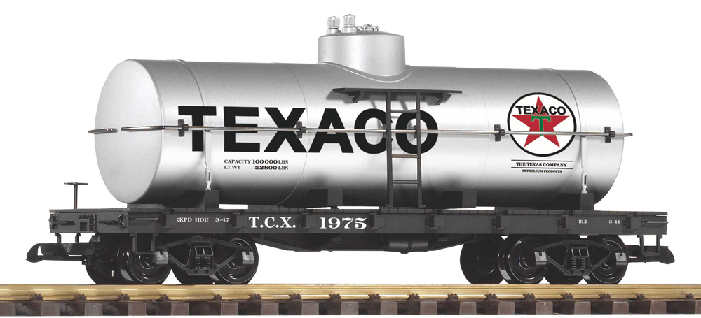 Silver tank car with Texaco logo on side in front of white background