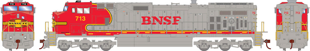 Red and gray train locomotive with "BNSF" on the side
