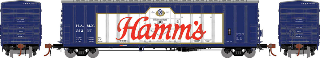 Blue boxcar with Hamm's logo on side