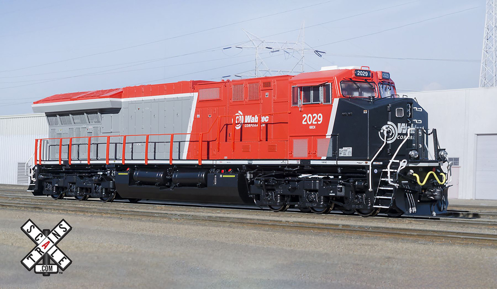 Red, black, and gray modern diesel locomotive