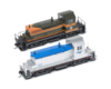 Photo of two HO scale end-cab switchers on white background