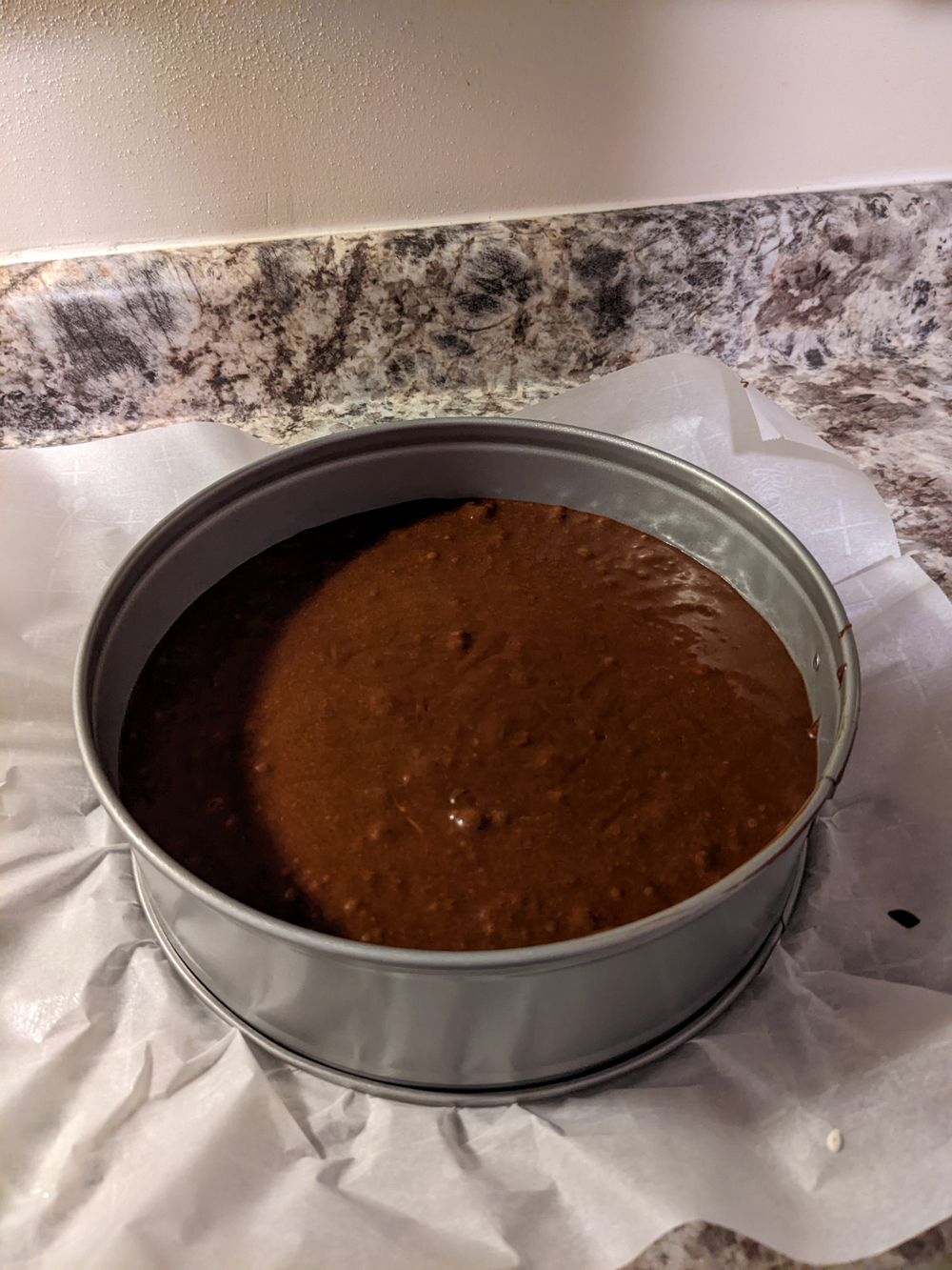 Brown cake batter in a springform pan