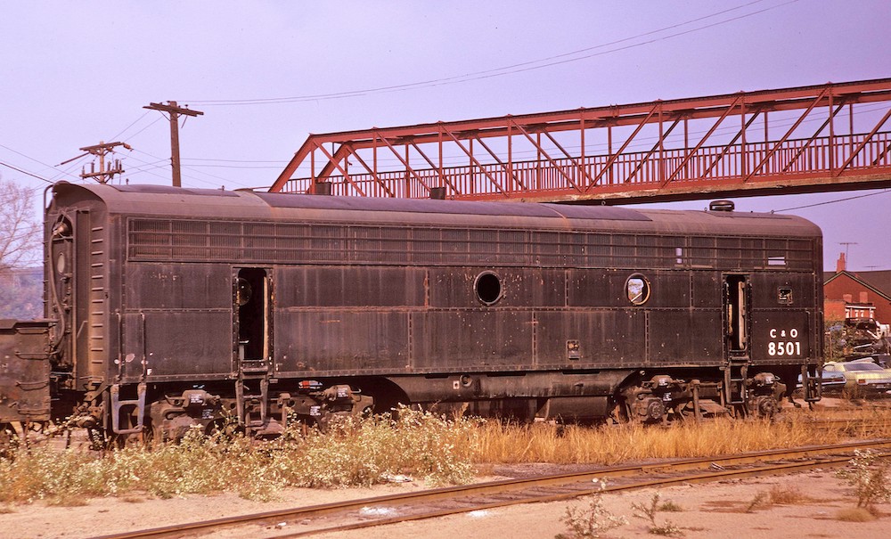 ALT: The shell of a Chesapeake & Ohio locomotive used to transport diesel engines