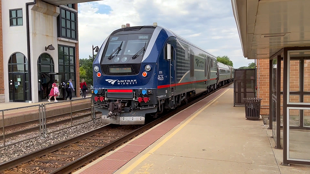Amtrak locomotive at passenger station