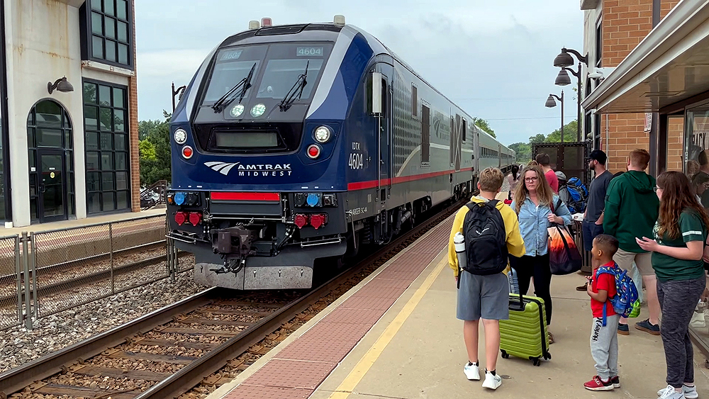 Amtrak passenger train arriving at station