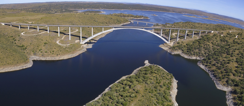 Aerial view of long high-speed rail bridge